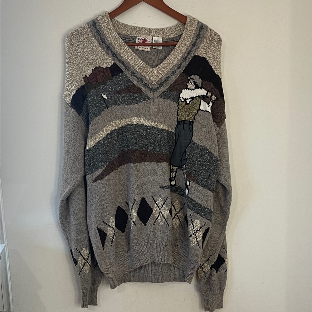 Men's V-Neck Sweater with Golfer Design
